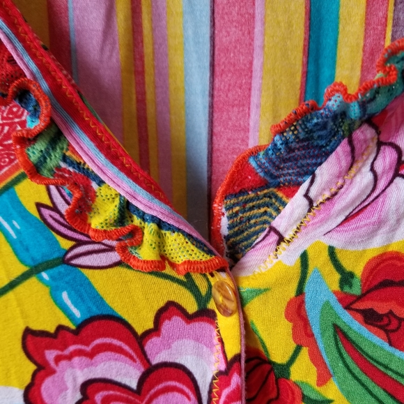 70's Long Sleeve V-Neck Yellow Floral and Striped Top Size L-XL - Picture 5 of 8